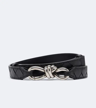 Bottega Veneta Andiamo Intrecciato Leather Belt In Black