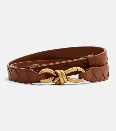 Bottega Veneta Andiamo Intrecciato Leather Belt In Brown