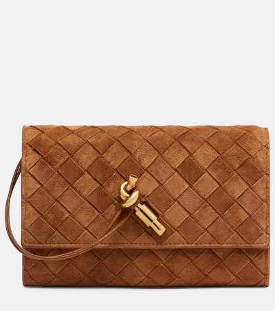 Bottega Veneta Andiamo Intrecciato Mini Suede Crossbody Bag In Gold