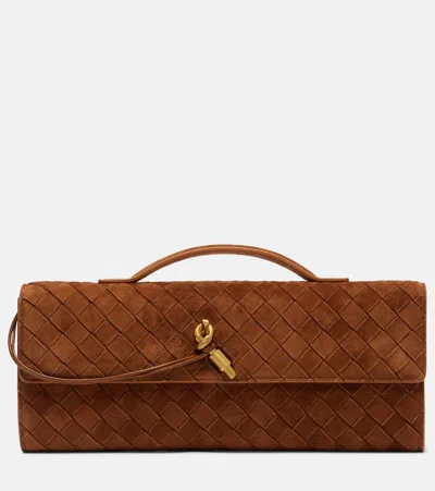 Bottega Veneta Women Andiamo Clutch Suede Handbag With Intrecciato Motif In Brown