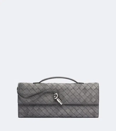 Bottega Veneta Andiamo Intrecciato Suede Clutch In Grey
