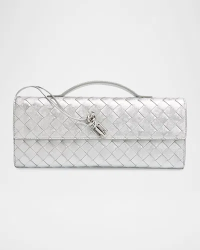 Bottega Veneta Andiamo Laminated Leather Clutch Bag In Silver