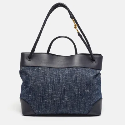 Pre-owned Bottega Veneta Andiamo Large Navy Blue Denim And Leather Tote