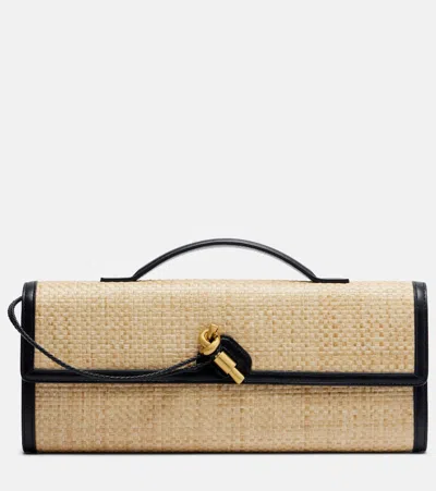 Bottega Veneta Andiamo Leather-trimmed Raffia Clutch In Sand