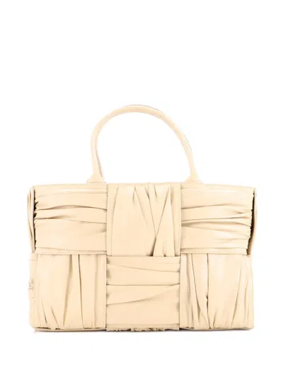 Pre-owned Bottega Veneta Arco Maxi Intrecciato Plisse Leather Medium Tote Bag In Neutral