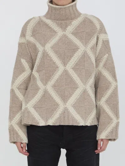 Bottega Veneta Wool Argyle Intarsia Sweater In Beige