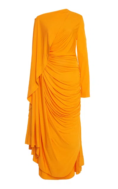 Bottega Veneta Asymmetric Draped Jersey Midi Dress In Orange