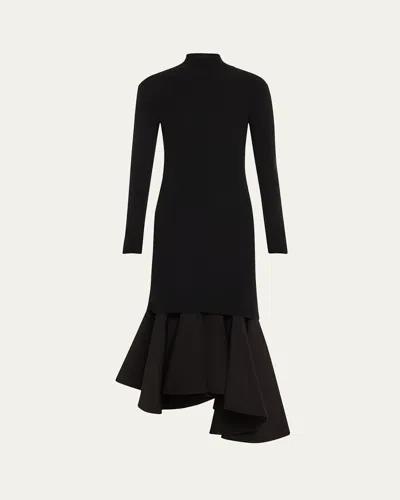 BOTTEGA VENETA ASYMMETRIC MIXED-MEDIA TURTLENECK MIDI DRESS