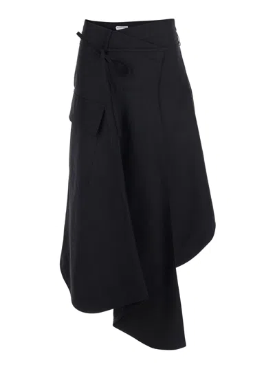 Bottega Veneta Asymmetrical Cotton Skirt With Drawstring And Button Closure In Black