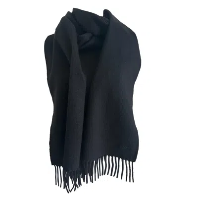 Pre-owned Bottega Veneta Authentic  Logo Stamped Scarf Black Wool Cashmere Fringe Ends