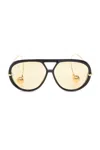Bottega Veneta 'aviator' Black And Yellow Sunglasses With Metal Temples With Drop Detail In Recycled In Yellow