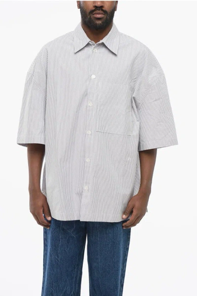 Bottega Veneta Striped Overshirt With Embroidered Initials In Gray