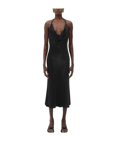Bottega Veneta Beaded Halter Washed Fluid Shine Viscose Dress In Black