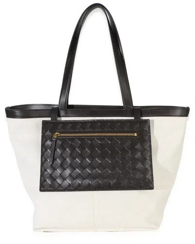 Pre-owned Bottega Veneta Beige & Neutral Canvas Mix Nappa Intrecciato Medium Flip Flap Tote (authentic Pre-lov