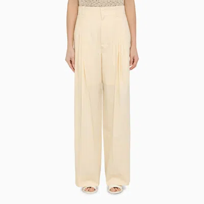 BOTTEGA VENETA BEIGE COTTON AND SILK WIDE TROUSERS