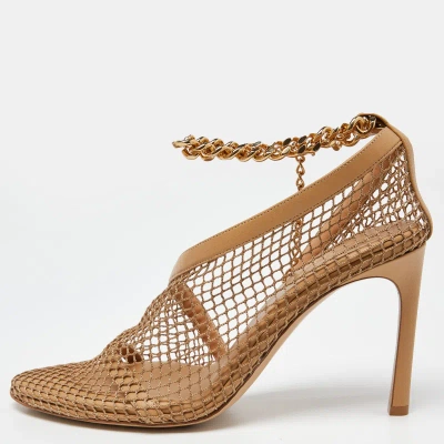 Pre-owned Bottega Veneta Beige Mesh And Leather Chunky Chain Ankle Strap Pumps Size 41