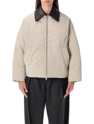 Bottega Veneta Beige Padded Bomber With Intreccio Leather Collar In Neutral