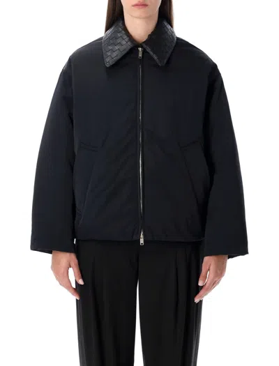 Bottega Veneta Beige Padded Bomber With Intreccio Leather Collar In Black