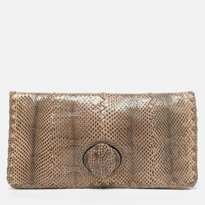 Pre-owned Bottega Veneta Beige/black Watersnake Turnlock Flap Clutch
