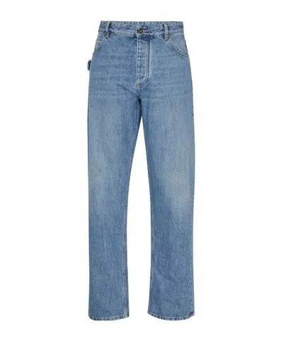 Bottega Veneta Straight Leg Denim Trousers Green Patch In Blue