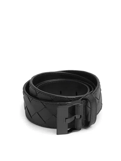 Bottega Veneta Leather Intrecciato Watch Buckle Belt In Black