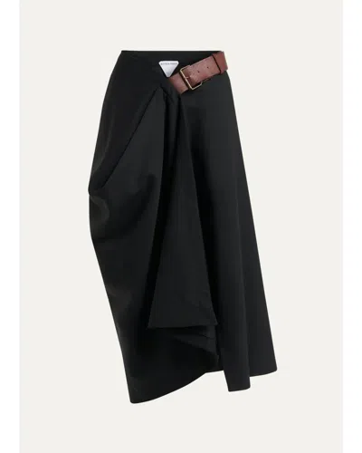 Bottega Veneta Belted Asymmetric Draped Wool Midi Wrap Skirt In Black