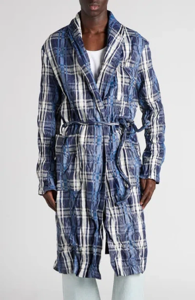 Bottega Veneta Belted Check Crushed Twill Coat In Blue