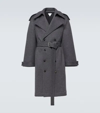 Bottega Veneta Belted Wool Trench Coat In Charcoal Melange
