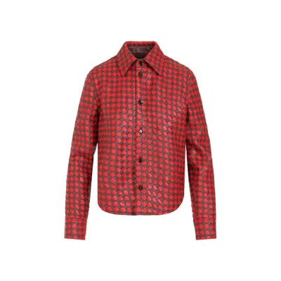 BOTTEGA VENETA BOTTEGA VENETA BICOLOR INTRECCIATO BROWN BERRY SCARLETT LEATHER SHIRT
