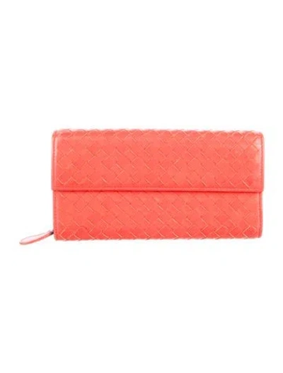 Pre-owned Bottega Veneta Bifold Long Wallet Intrecciato Weave Continental Wallet In Red