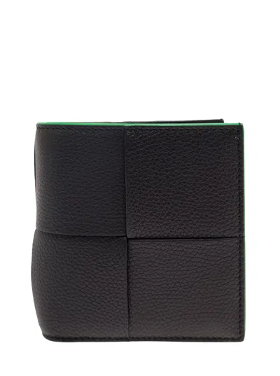 Bottega Veneta Black Bi-fold Wallet With Intreccio Motif And Contrasting Details In Grainy Leather M