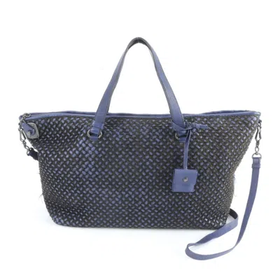 Pre-owned Bottega Veneta Black Blue Leather Canvas Tote Bag () In Multi