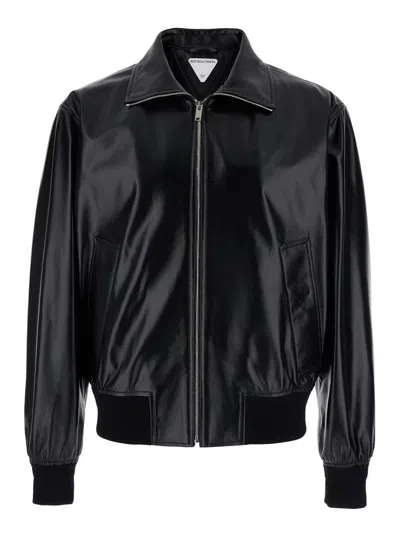 Bottega Veneta Black Bomber Jacket With Two Front Welt Pockets In Leather Man