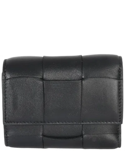 Pre-owned Bottega Veneta Black Cassette Intrecciato Small Trifold Wallet (authentic Pre-  Loved)