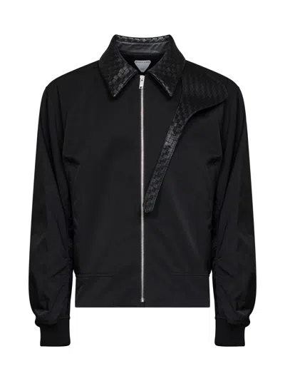 Bottega Veneta Black Cotton Blouson With Intrecciato Leather Collar