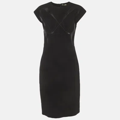 Pre-owned Bottega Veneta Black Crepe Leather Applique Mini Dress M