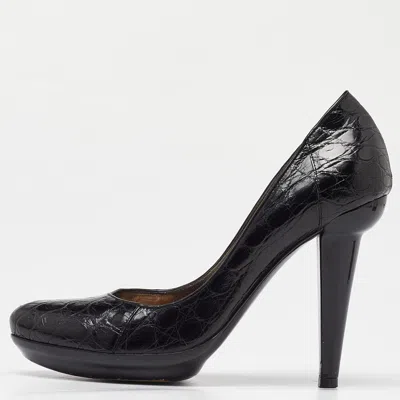 Pre-owned Bottega Veneta Black Croc Leather Round Toe Pumps Size 37