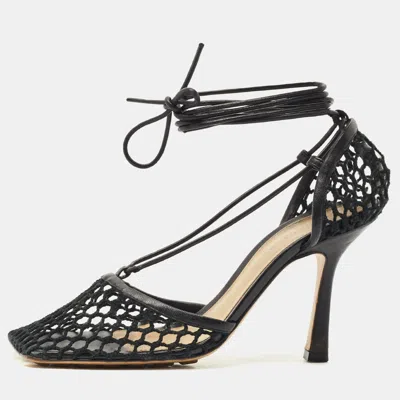Pre-owned Bottega Veneta Black Crochet Mesh And Leather Stretch Ankle Wrap Pumps Size 36