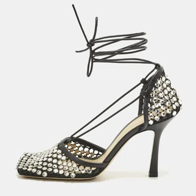 Pre-owned Bottega Veneta Black Crystal Embellished Mesh Sparkle Stretch Sandals Size 39