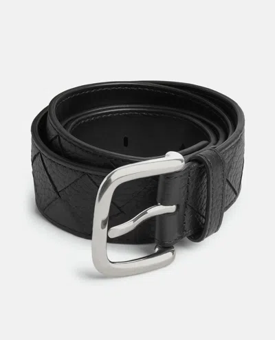 Bottega Veneta Grained Leather Intrecciato Belt In Black