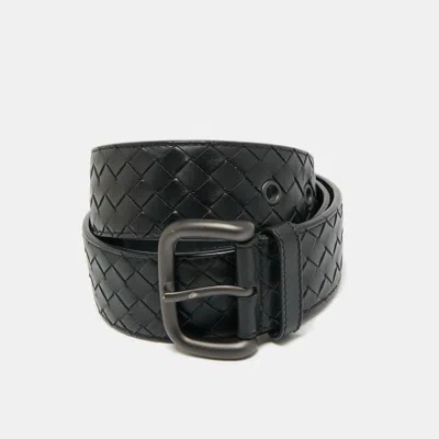 Pre-owned Bottega Veneta Black Intrecciato Leather Buckle Belt 90 Cm