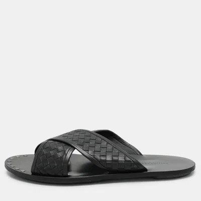 Pre-owned Bottega Veneta Black Intrecciato Leather Criss Cross Flat Slides Size 43