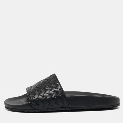 Pre-owned Bottega Veneta Black Intrecciato Leather Flat Slides Size 37