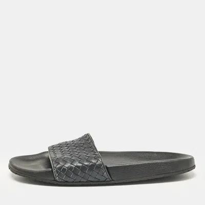 Pre-owned Bottega Veneta Black Intrecciato Leather Lake Slide Sandals Size 46