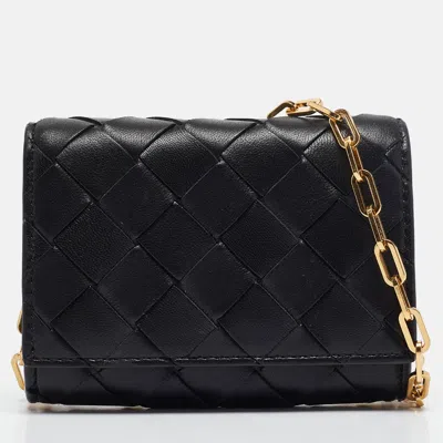 Pre-owned Bottega Veneta Black Intrecciato Leather Trio Card Case On Chain