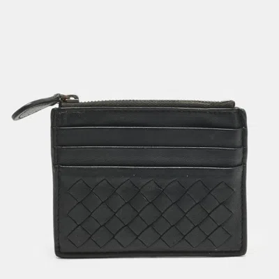 Pre-owned Bottega Veneta Black Intrecciato Leather Zip Card Holder