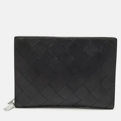Pre-owned Bottega Veneta Black Intrecciato Leather Zip Document Case