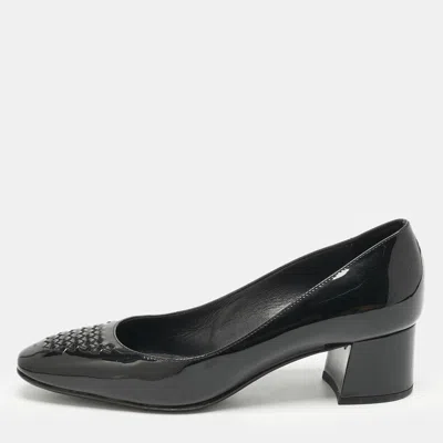 Pre-owned Bottega Veneta Black Intrecciato Patent Leather Block Heel Pumps Size 36.5