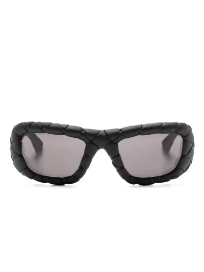 Bottega Veneta Black Intrecciato Rectangle-frame Sunglasses