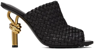 Bottega Veneta Leather Woven Mules With Metal Knot Heel In Black